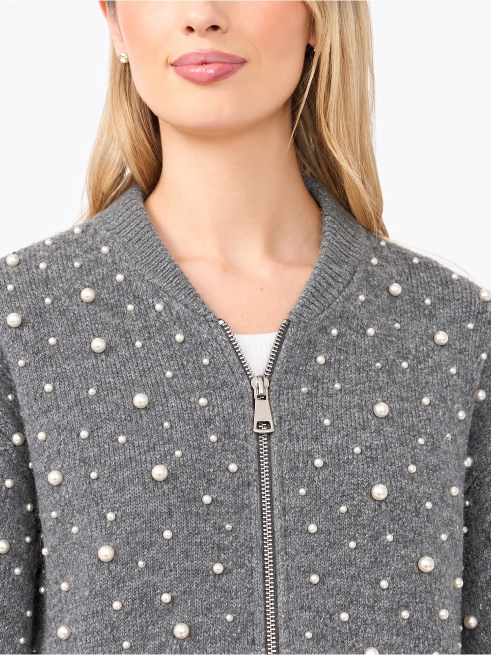 Broadway 38 Gray Pearl Embellished Wool Blend Knit Bomber Jacket M